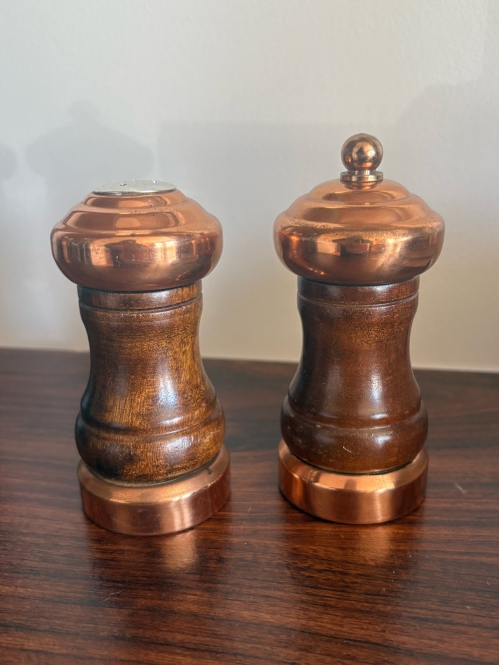 Vintage Wood & Copper Salt and Pepper Shakers